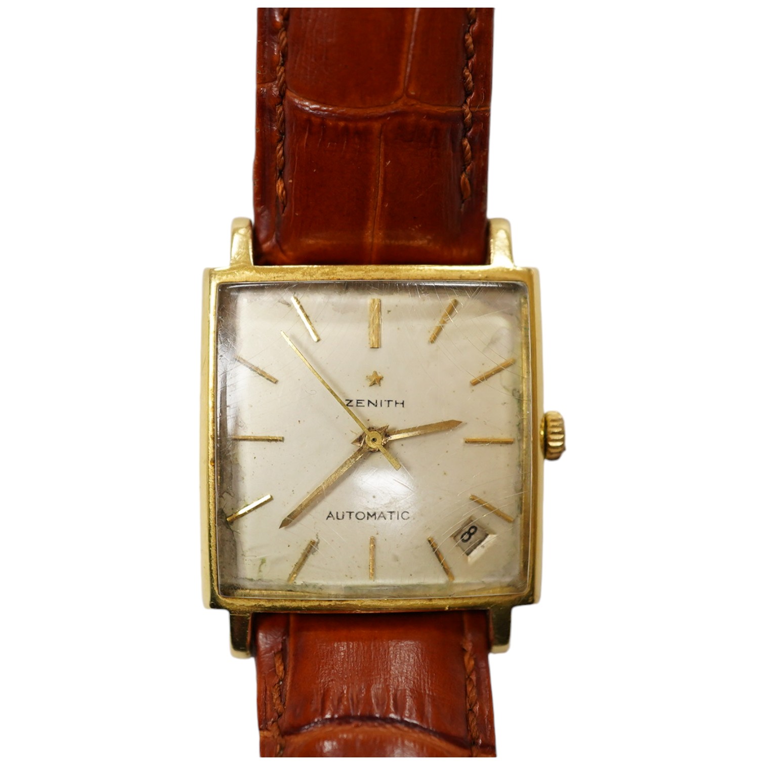 A gentleman's 18k Zenith Automatic square dial wrist watch, with baton numerals and date aperture, on an associated leather strap, case diameter 30mm. Condition - poor.